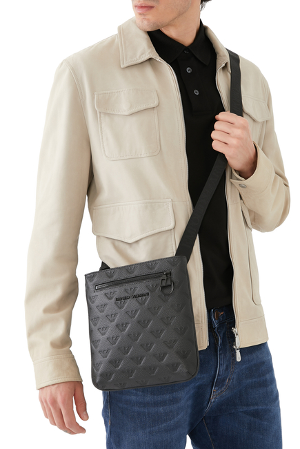 Flat Leather Shoulder Bag With All-Over Embossed Eagle